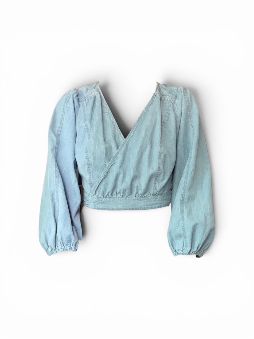 Free People - Light Wash Denim Sophie Wrap Crop Top - Balloon Sleeve - Size XS